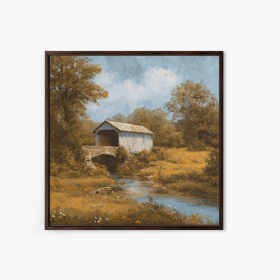 Covered Bridge over a Quiet Creek Framed Canvas Print, Country Art, Watercolor Painting, Farmhouse Decor, Fine Art, Country, COU-1x1-39