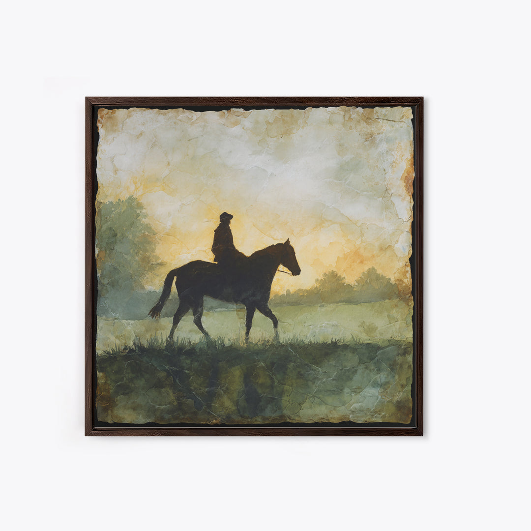 Horse and Rider Silhouette at Dusk Framed Canvas Print, Country Art, Gallery Decor, Farmhouse Decor, Fine Art, Country, COU-1x1-41