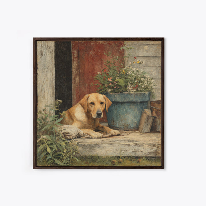 Dog Resting Beside a Porch Flower Pot Framed Canvas Print, Country Art, Landscape Painting, Farmhouse Decor, Oil Painting, COU-1x1-46