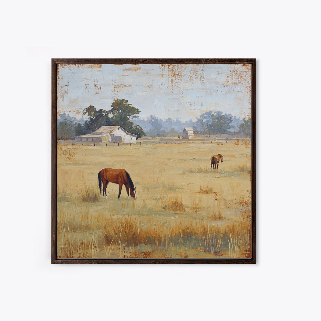 Rolling Pasture with Grazing Horses at Sunrise Canvas Print, Country Art, Neutral Decor, Farmhouse Decor, Fine Art, Country, COU-1x1-49