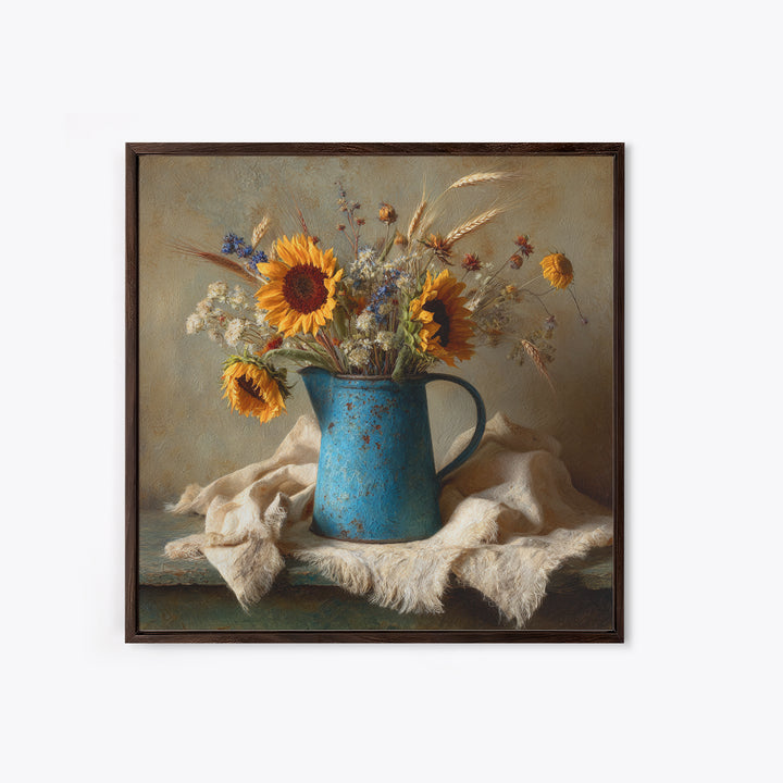 Sunflowers in a Blue Enamel Pitcher Framed Canvas Print, Country Art, Digital Wall Art, Farmhouse Decor, Fine Art, Country, COU-1x1-56