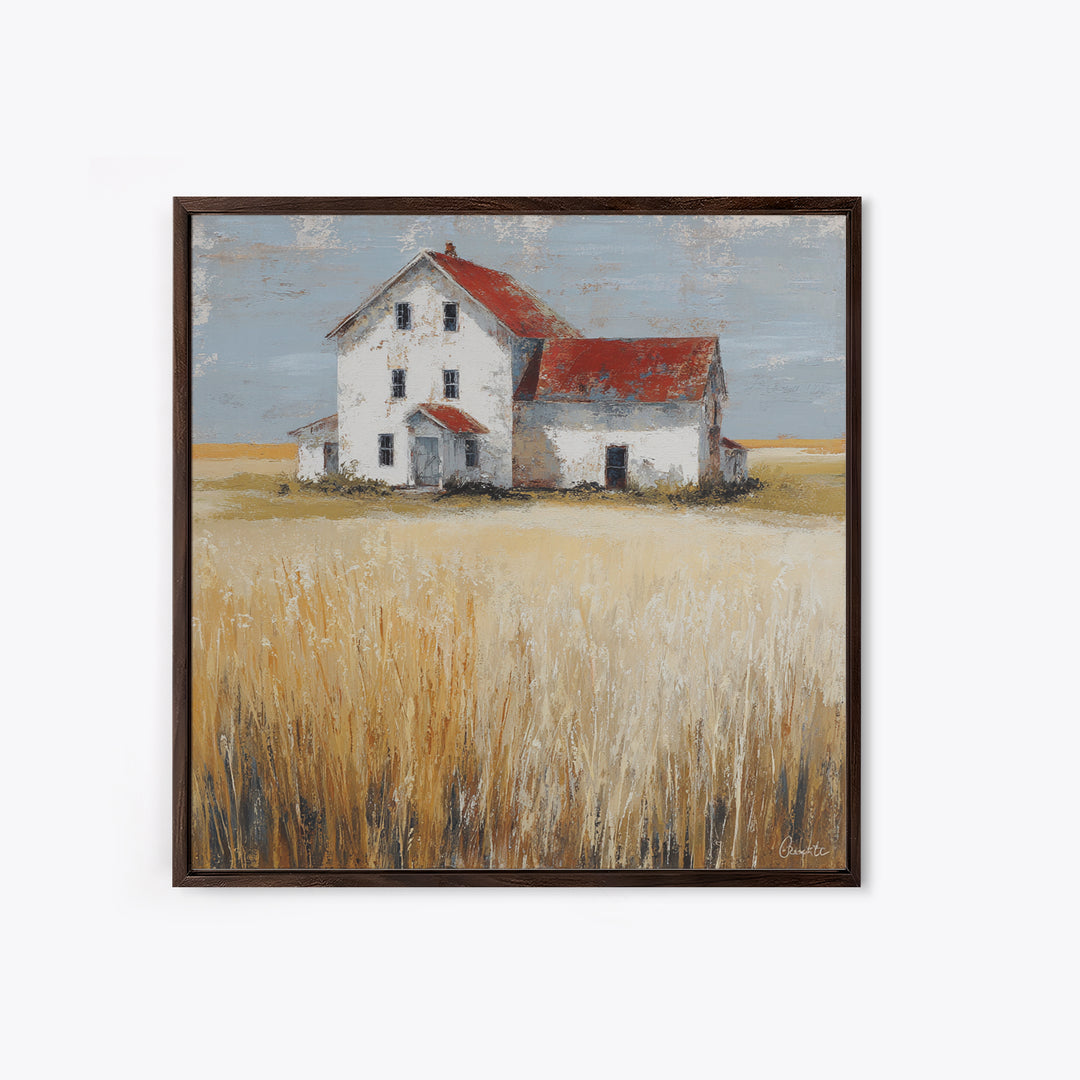 White Farmhouse Surrounded by Tall Grass Framed Canvas Print, Country Art, French Country, Farmhouse Decor, Watercolor Art, COU-1x1-58