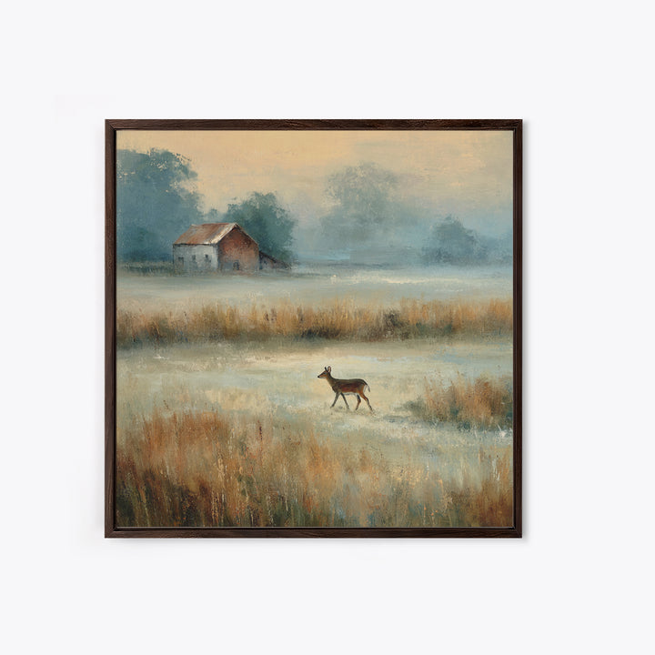 Deer Crossing a Misty Morning Field Canvas Print, Country Art, Landscape Wall Art, Farmhouse Decor, Fine Art, Country, COU-1x1-59