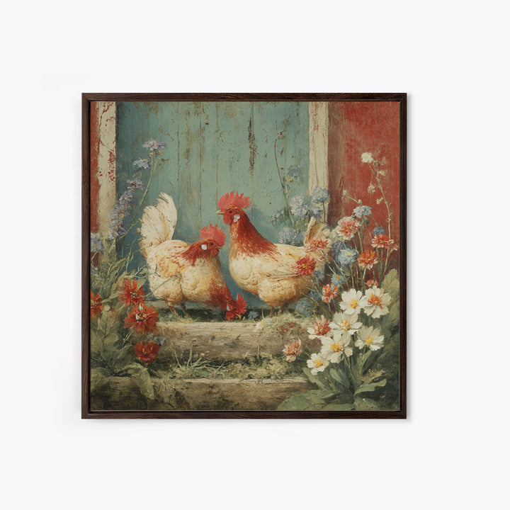 Chickens Pecking Near Garden Flowers Framed Canvas Print, Country Art, Farmhouse Wall Art, Farmhouse Decor, Fine Art, Country, COU-1x1-62