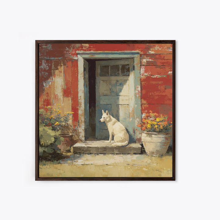 Dog Resting Beside a Porch Flower Pot Framed Canvas Print, Country Art, Landscape Painting, Farmhouse Decor, Oil Painting, COU-1x1-70