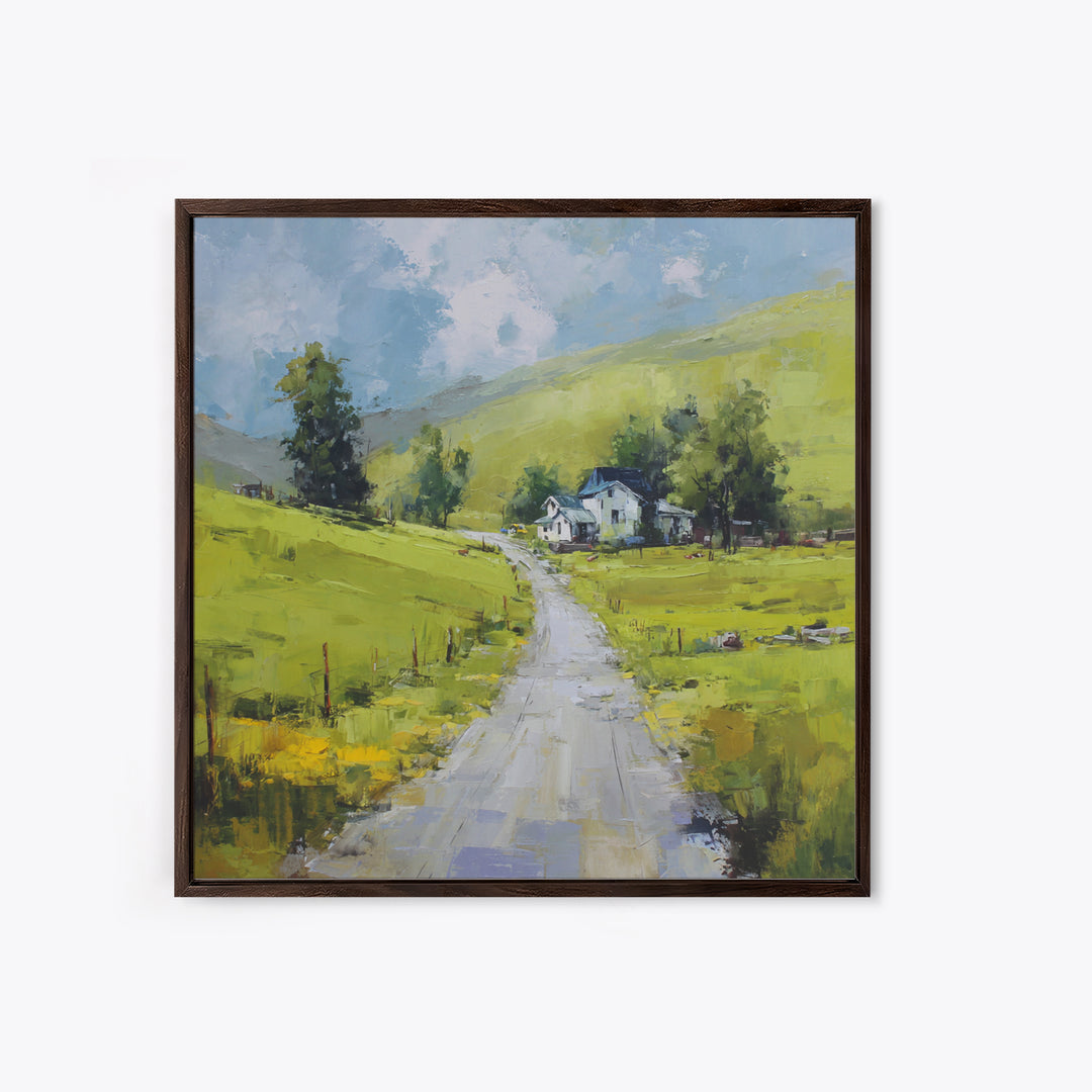 Country Road Disappearing into Green Hills Framed Canvas Print, Country Art, Modern Decor, Farmhouse Decor, Oil Painting, COU-1x1-79