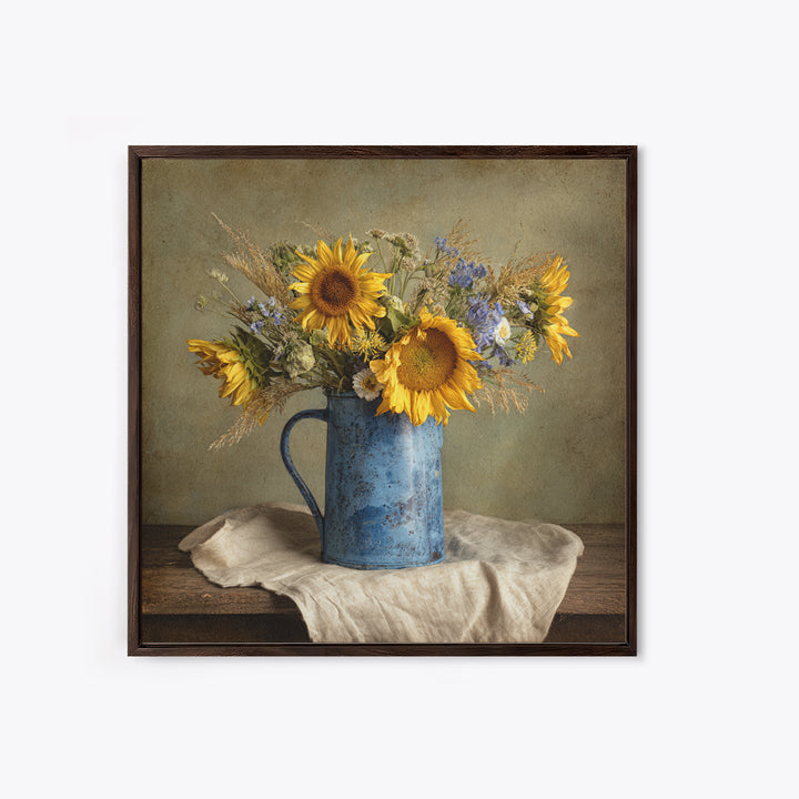 Sunflowers in a Blue Enamel Pitcher Framed Canvas Print, Country Art, Original Painting, Farmhouse Decor, Oil Painting, Country, COU-1x1-8