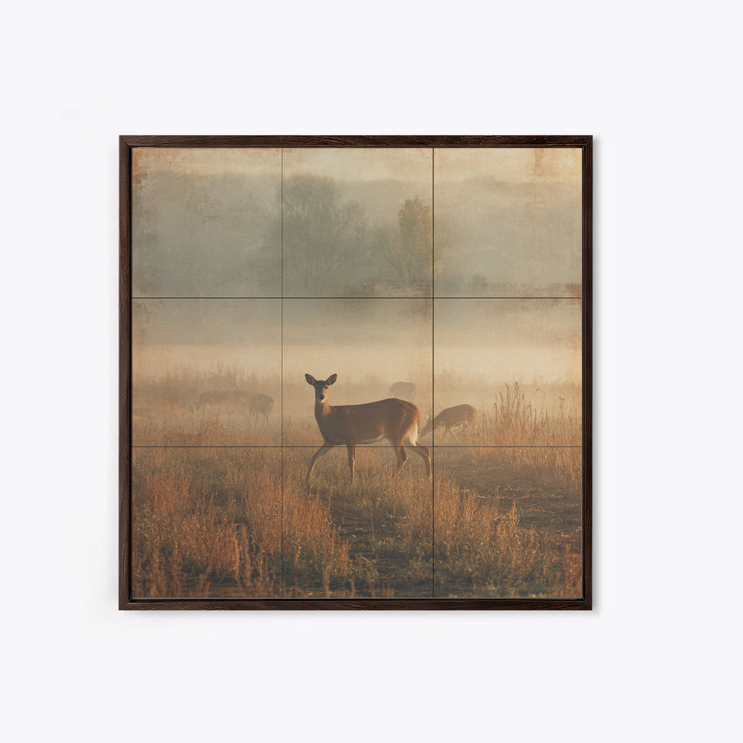 Deer Crossing a Misty Morning Field Framed Canvas Print, Country Art, Fine Art Print, Farmhouse Decor, Fine Art, Country, COU-1x1-83