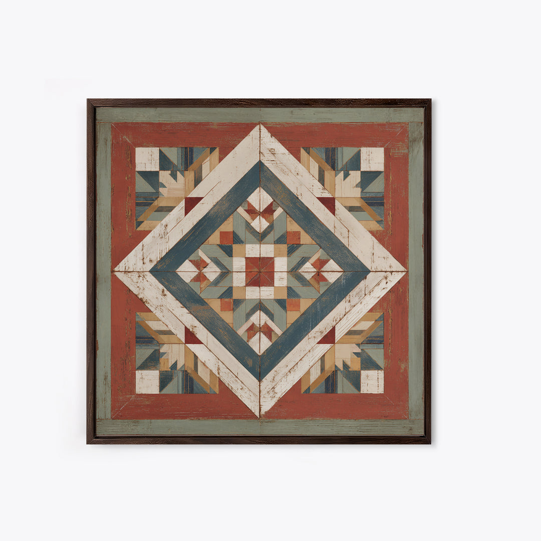 Quilt Geometric Folk Pattern Framed Canvas Print, Country Art, French Country, Farmhouse Decor, Fine Art, Country, Luxury Decor, COU-1x1-84