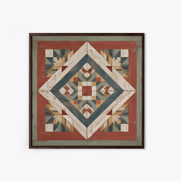 Quilt Geometric Folk Pattern Framed Canvas Print, Country Art, French Country, Farmhouse Decor, Fine Art, Country, Luxury Decor, COU-1x1-84