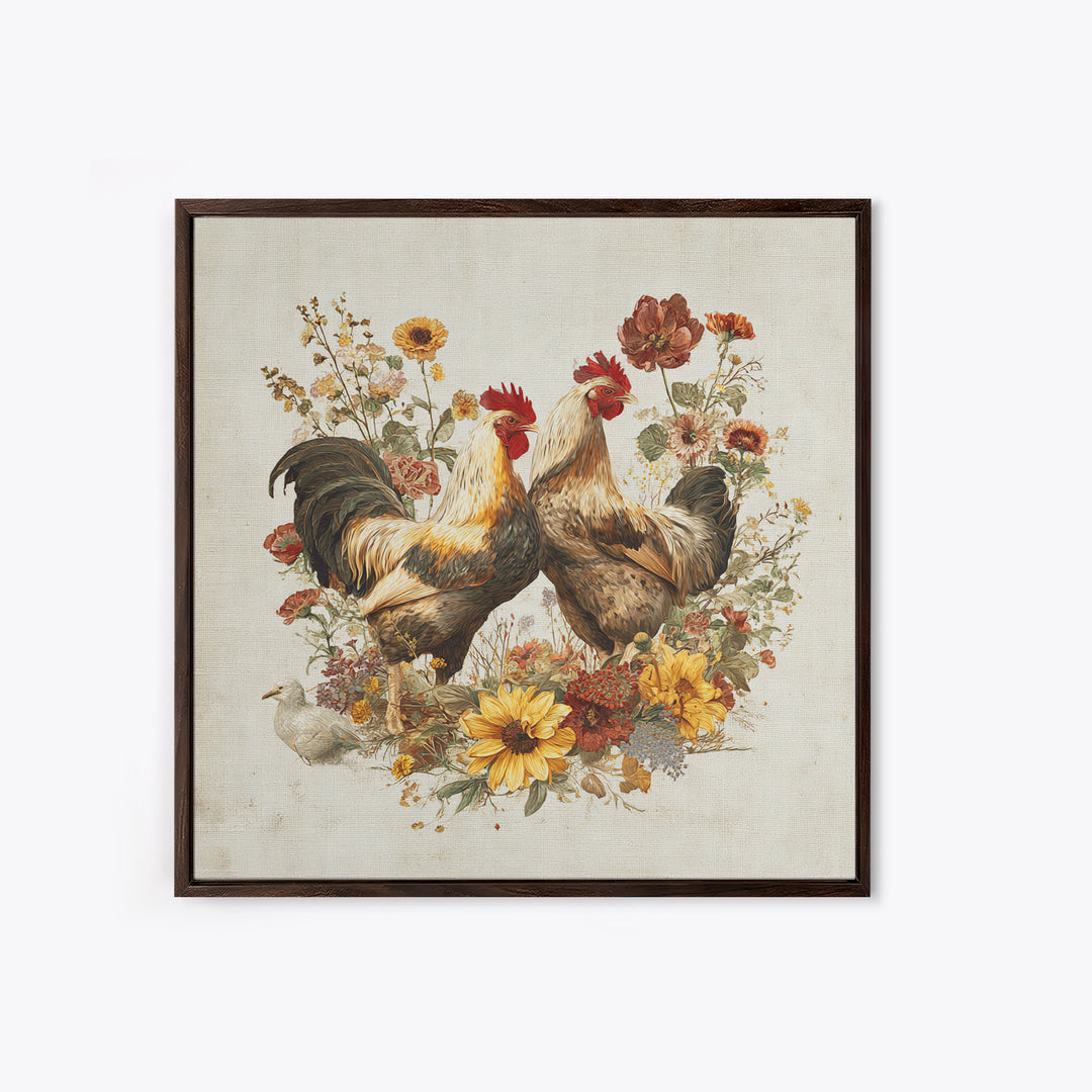Chickens Pecking Near Garden Flowers Canvas Print, Country Art, Neutral Decor, Farmhouse Decor, Oil Painting, Country, COU-1x1-86