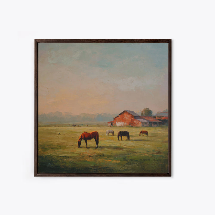 Rolling Pasture with Grazing Horses at Sunrise Canvas Print, Country Art, Wall Art, Farmhouse Decor, Oil Painting, Country, COU-1x1-97