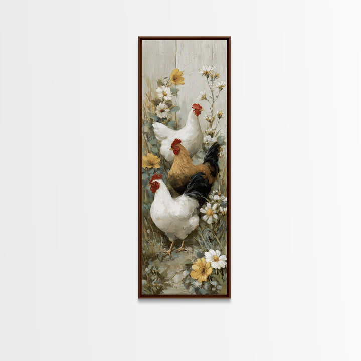 Chickens Pecking Near Garden Flowers Canvas Print, Country Art, Landscape Painting, Farmhouse Decor, Watercolor Art, Country, COU-1x3-26