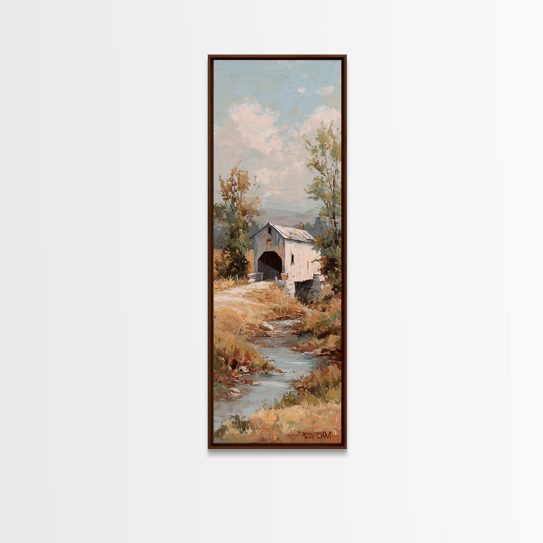 Covered Bridge over a Quiet Creek Canvas Print, Country Art, Digital Prints, Farmhouse Decor, Oil Painting, Country, COU-1x3-27