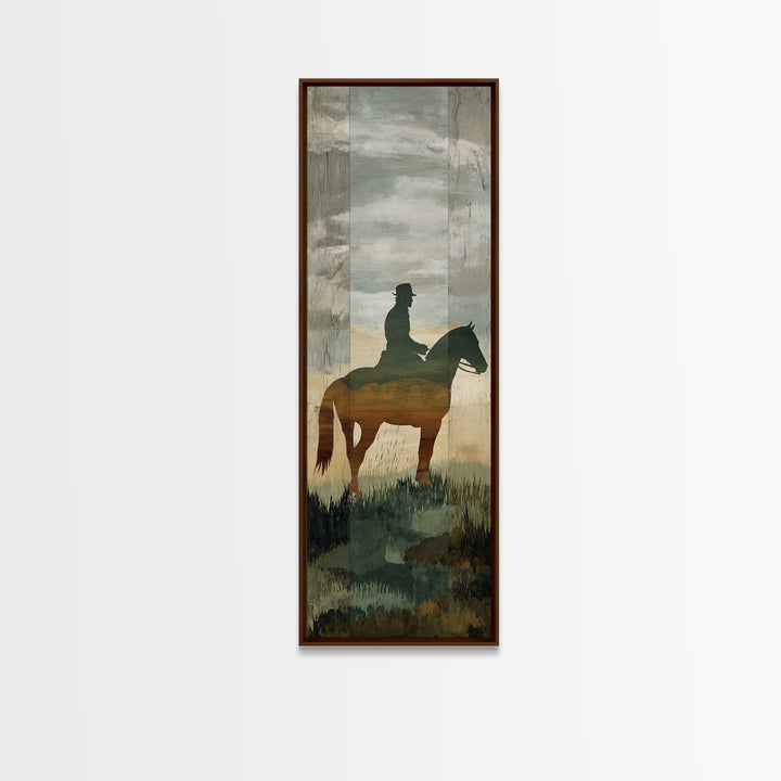 Horse and Rider Silhouette at Dusk Framed Canvas Print, Country Art, Neutral Decor, Farmhouse Decor, Fine Art, Country, COU-1x3-29