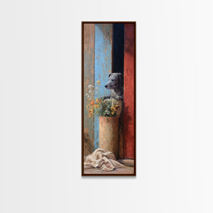 Dog Resting Beside a Porch Flower Pot Framed Canvas Print, Country Art, French Country Decor, Farmhouse Decor, Country, COU-1x3-34