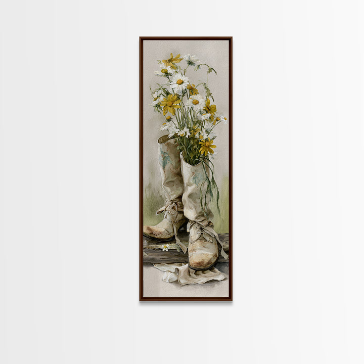 Weathered Boots with Wildflowers Tucked Inside Framed Canvas Print, Country Art, Modern Decor, Farmhouse Decor, Oil Painting, COU-1x3-4