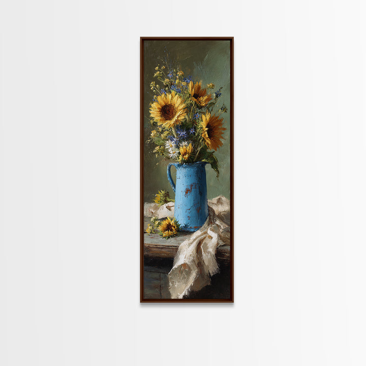 Sunflowers in a Blue Enamel Pitcher Canvas Print, Country Art, Contemporary Art, Farmhouse Decor, Oil Painting, Country, COU-1x3-44