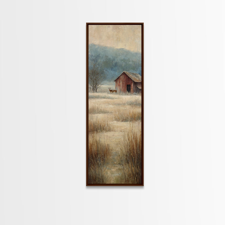 Deer Crossing a Misty Morning Field Framed Canvas Print, Country Art, Oil Painting, Farmhouse Decor, Fine Art, Country, COU-1x3-47