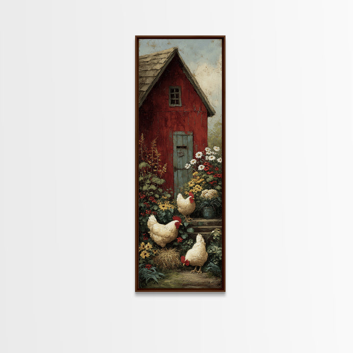 Chickens Pecking Near Garden Flowers Framed Canvas Print, Country Art, Landscape Wall Art, Farmhouse Decor, Watercolor Art, COU-1x3-50