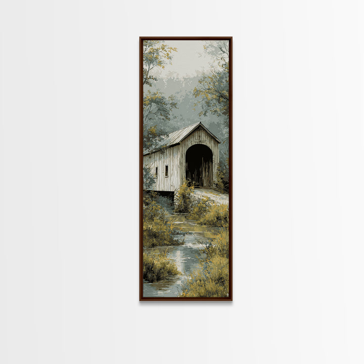 Covered Bridge over a Quiet Creek Canvas Print, Country Art, Farmhouse Decor, Abstract Art, Country, Gallery Wall Art, COU-1x3-51