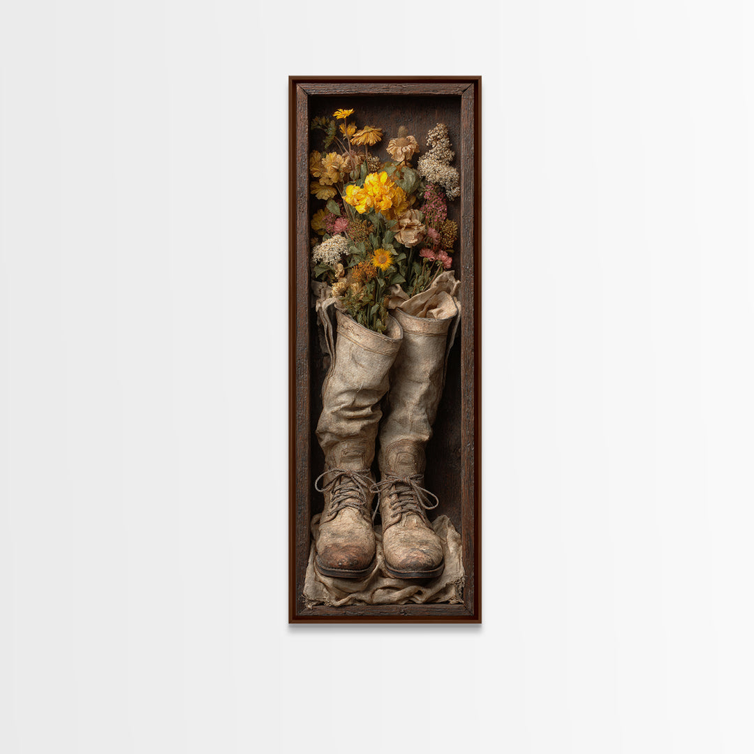 Weathered Boots with Wildflowers Tucked Inside Framed Canvas Print, Country Art, Farmhouse Decor, Watercolor Art, Country, COU-1x3-52