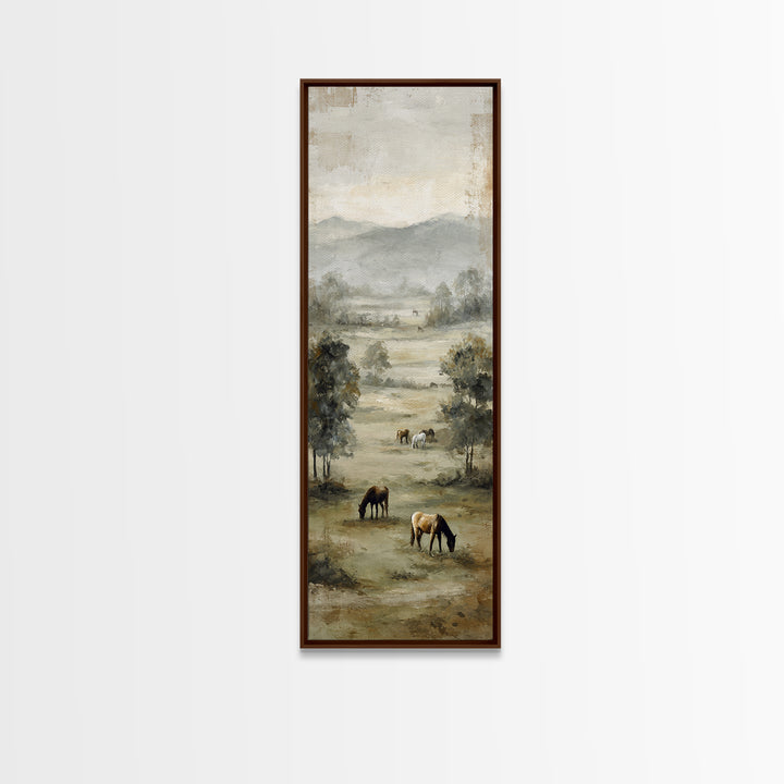 Rolling Pasture with Grazing Horses at Sunrise Framed Canvas Print, Country Art, Textured Painting, Farmhouse Decor, Country, COU-1x3-61