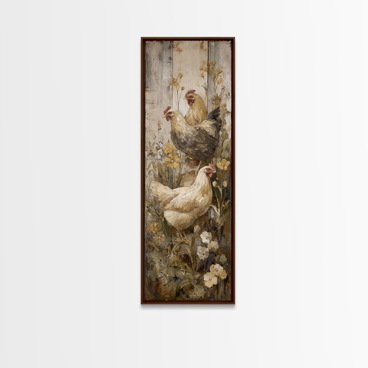 Chickens Pecking Near Garden Flowers Framed Canvas Print, Country Art, Landscape Wall Art, Farmhouse Decor, Watercolor Art, COU-1x3-74