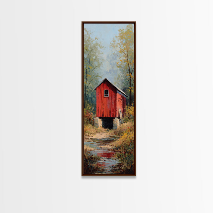 Covered Bridge over a Quiet Creek Framed Canvas Print, Country Art, Digital Art Prints, Farmhouse Decor, Fine Art, Country, COU-1x3-75