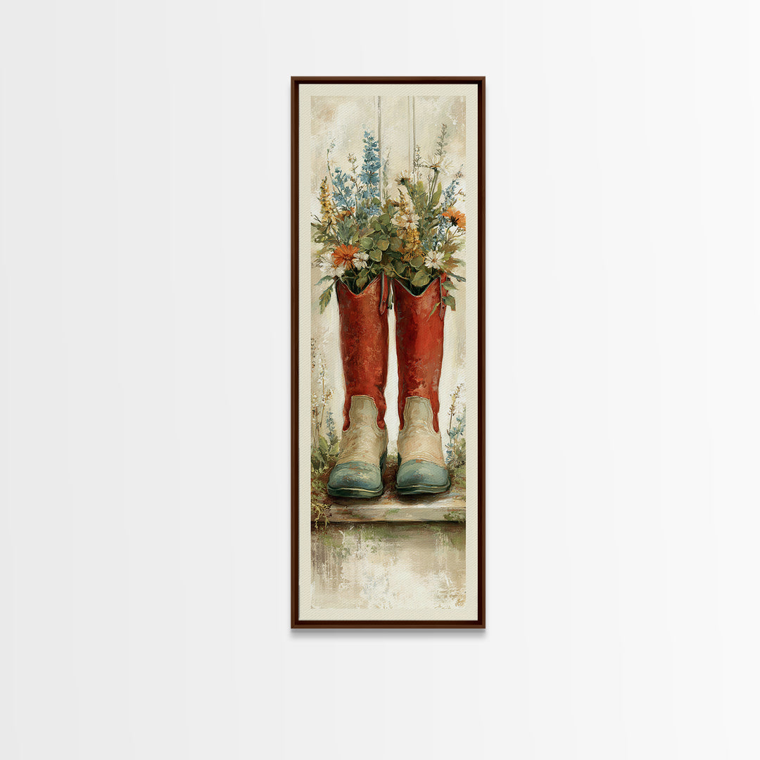 Weathered Boots with Wildflowers Tucked Inside Framed Canvas Print, Country Art, Digital Print, Farmhouse Decor, Country, COU-1x3-76