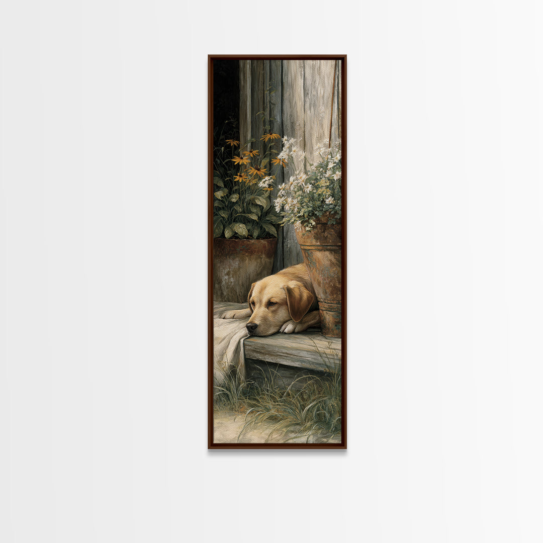 Dog Resting Beside a Porch Flower Pot Canvas Print, Country Art, Gallery Decor, Farmhouse Decor, Fine Art, Country, COU-1x3-82