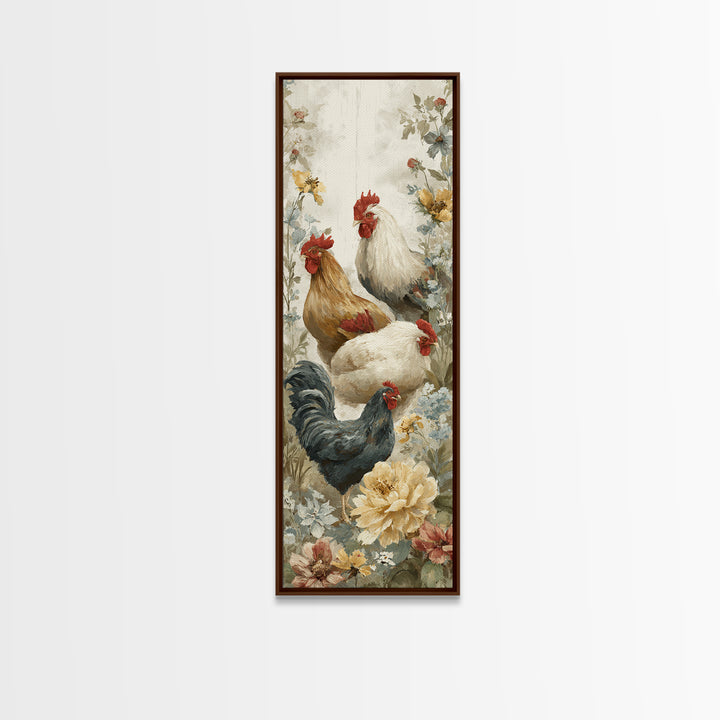 Chickens Pecking Near Garden Flowers Canvas Print, Country Art, Fine Art Print, Farmhouse Decor, Country, Digital Prints, COU-1x3-98