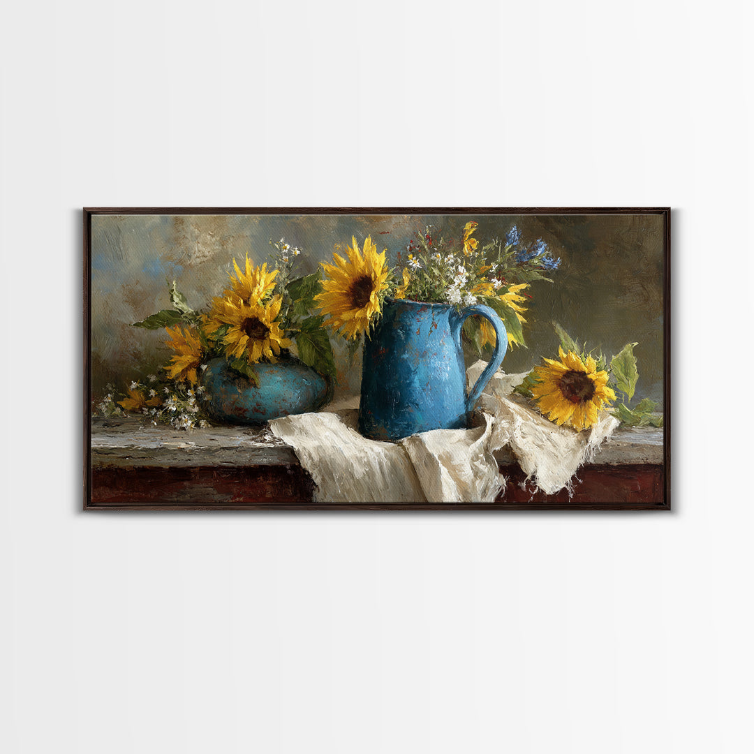 Sunflowers in a Blue Enamel Pitcher Framed Canvas Print, Country Art, Digital Art Prints, Farmhouse Decor, Oil Painting, COU-2x1-100