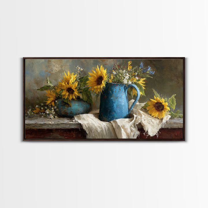 Sunflowers in a Blue Enamel Pitcher Framed Canvas Print, Country Art, Digital Art Prints, Farmhouse Decor, Oil Painting, COU-2x1-100