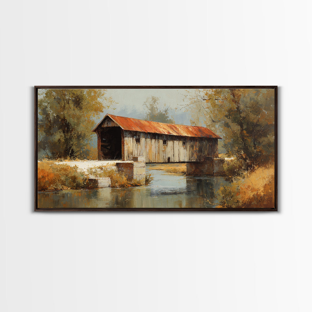 Covered Bridge over a Quiet Creek Framed Canvas Print, Country Art, Watercolor Painting, Farmhouse Decor, Fine Art, Country, COU-2x1-11
