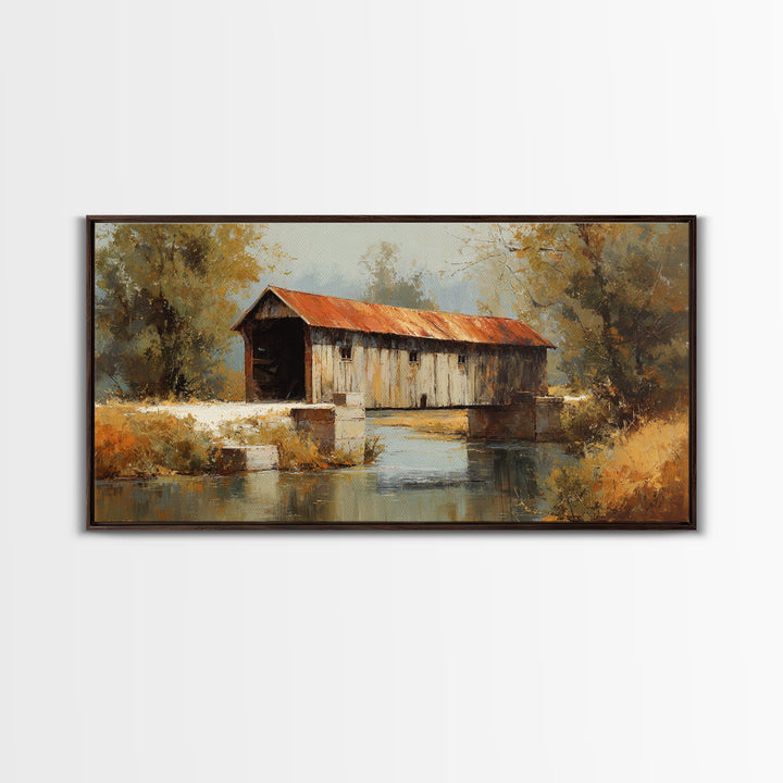 Covered Bridge over a Quiet Creek Framed Canvas Print, Country Art, Watercolor Painting, Farmhouse Decor, Fine Art, Country, COU-2x1-11