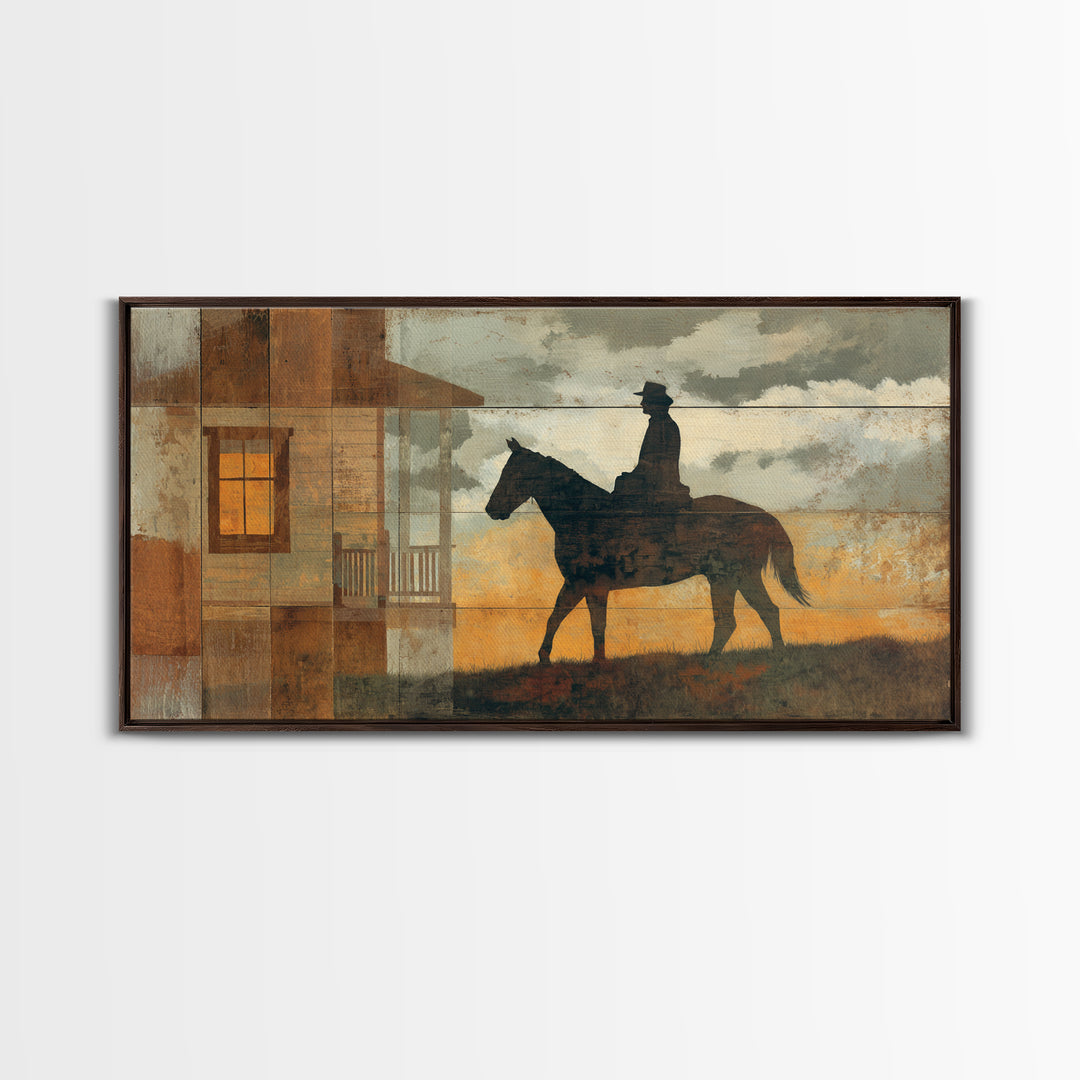 Horse and Rider Silhouette at Dusk Framed Canvas Print, Country Art, Minimalist Decor, Farmhouse Decor, Fine Art, Country, COU-2x1-13