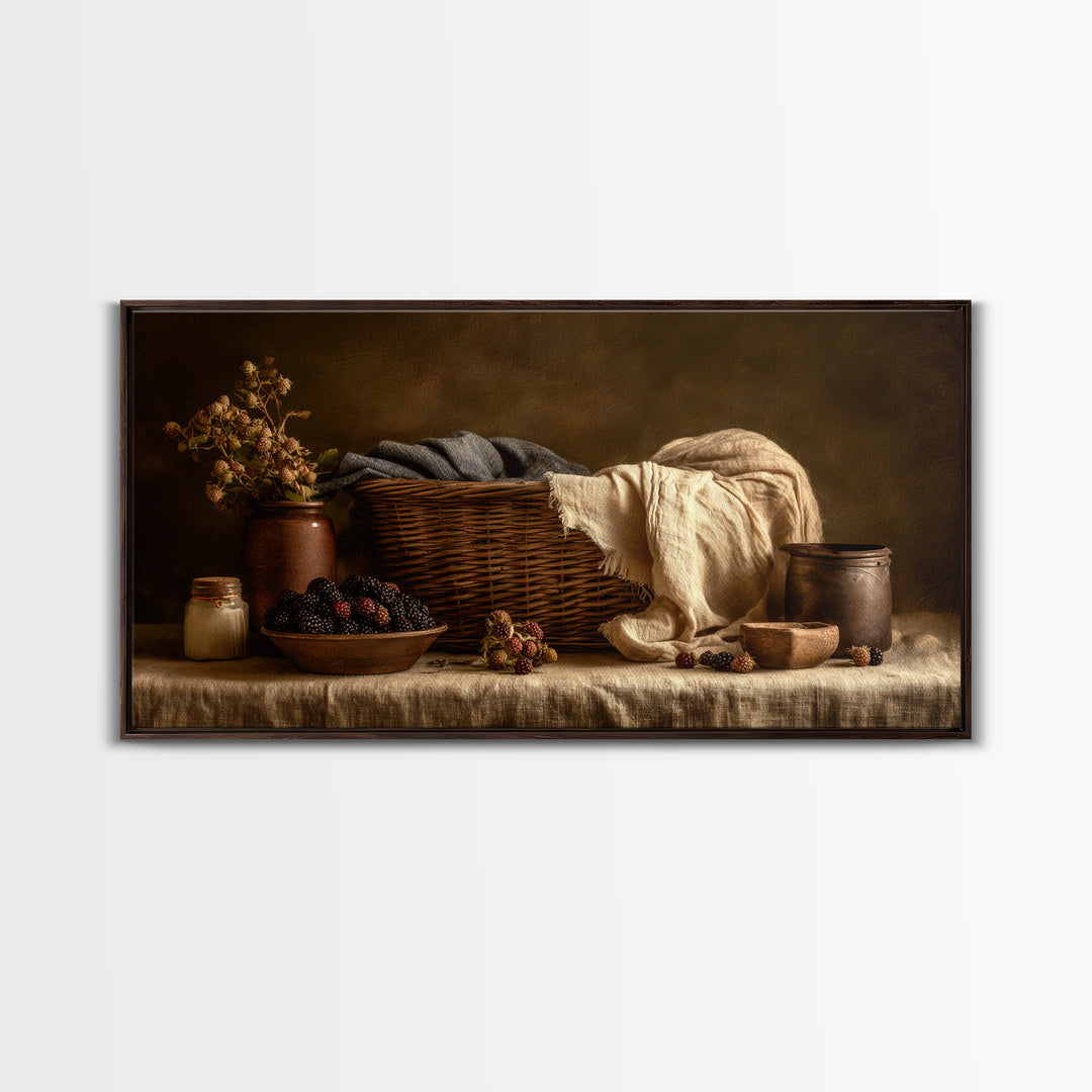 Blackberry Basket with Linen Cloth Canvas Print, Country Art, Contemporary Art, Farmhouse Decor, Abstract Art, Country, COU-2x1-17