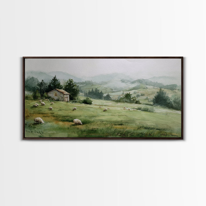 Watercolor Sheep in a Green Pasture Framed Canvas Print, Country Art, French Country, Farmhouse Decor, Fine Art, Country, COU-2x1-19