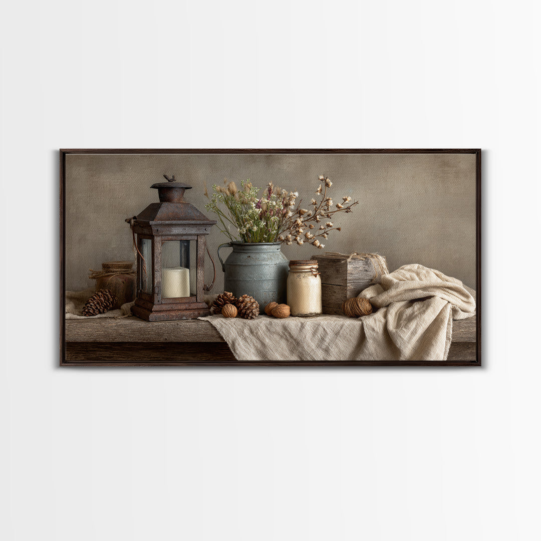 Old Lantern and Pinecones Still Life Framed Canvas Print, Country Art, Fine Art Print, Farmhouse Decor, Fine Art, Country, COU-2x1-20