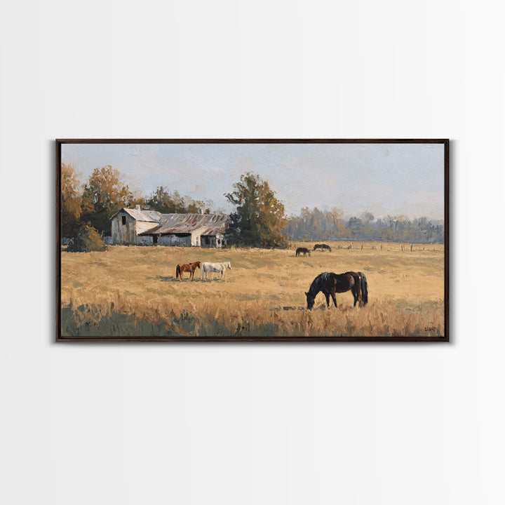 Rolling Pasture with Grazing Horses at Sunrise Canvas Print, Country Art, Wall Art, Farmhouse Decor, Oil Painting, Country, COU-2x1-21
