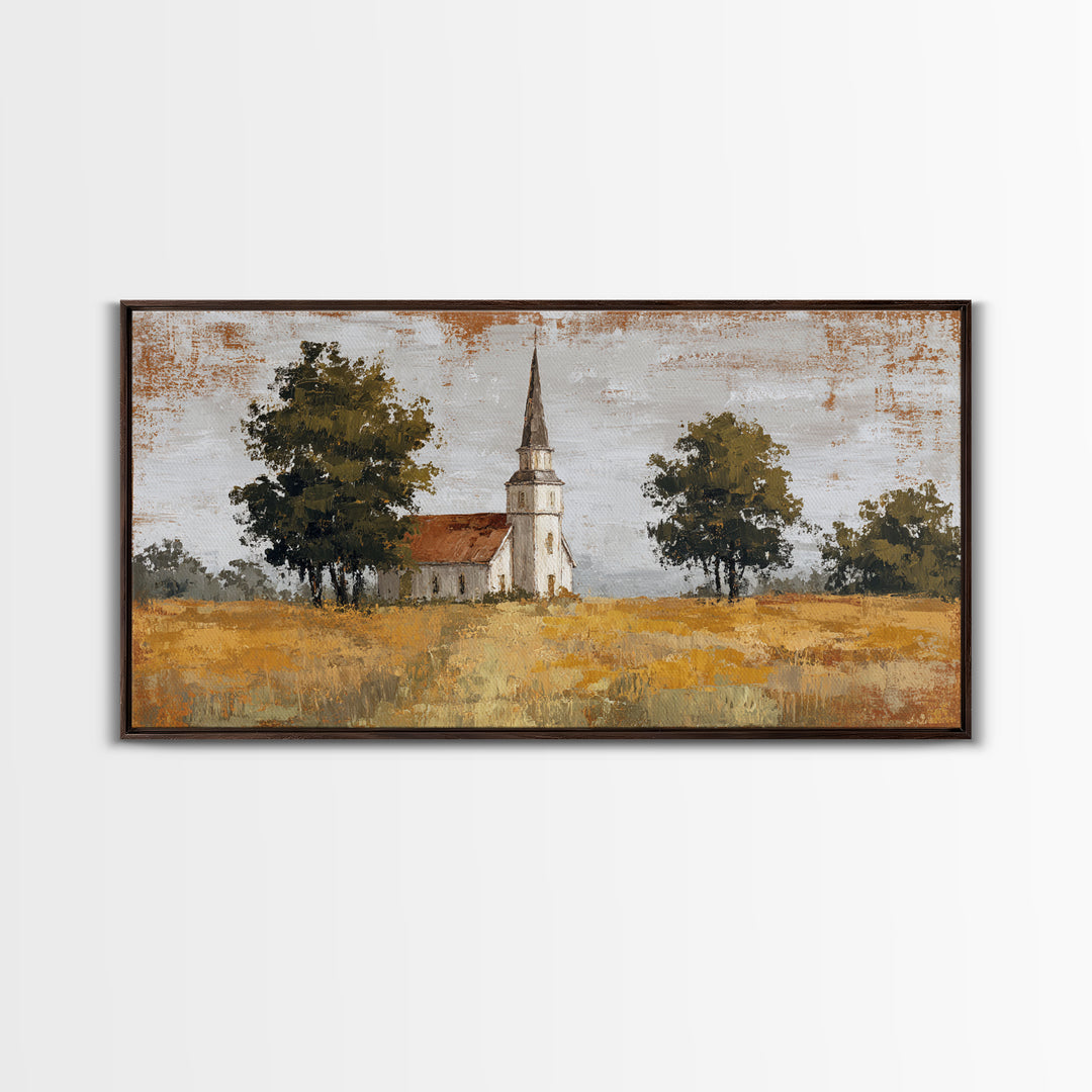 Country Church Steeple Beyond Trees Canvas Print, Country Art, Digital Prints, Farmhouse Decor, Oil Painting, Country, COU-2x1-39