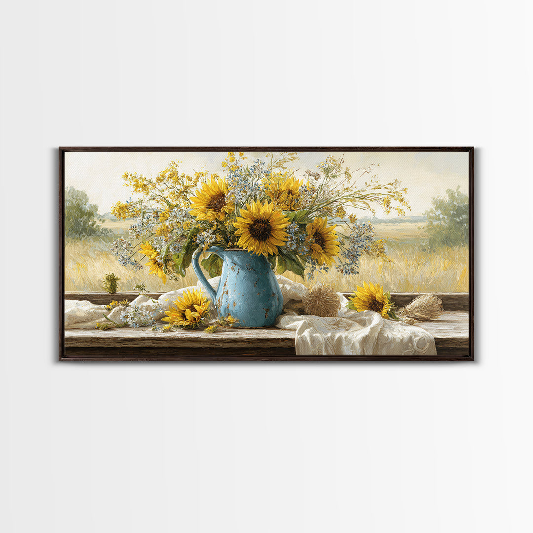 Sunflowers in a Blue Enamel Pitcher Canvas Print, Country Art, Boho Decor, Farmhouse Decor, Oil Painting, Country, Art Prints, COU-2x1-4