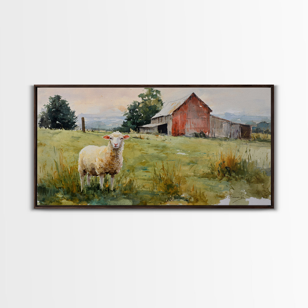 Watercolor Sheep in a Green Pasture Framed Canvas Print, Country Art, Art Prints, Farmhouse Decor, Fine Art, Country, COU-2x1-43