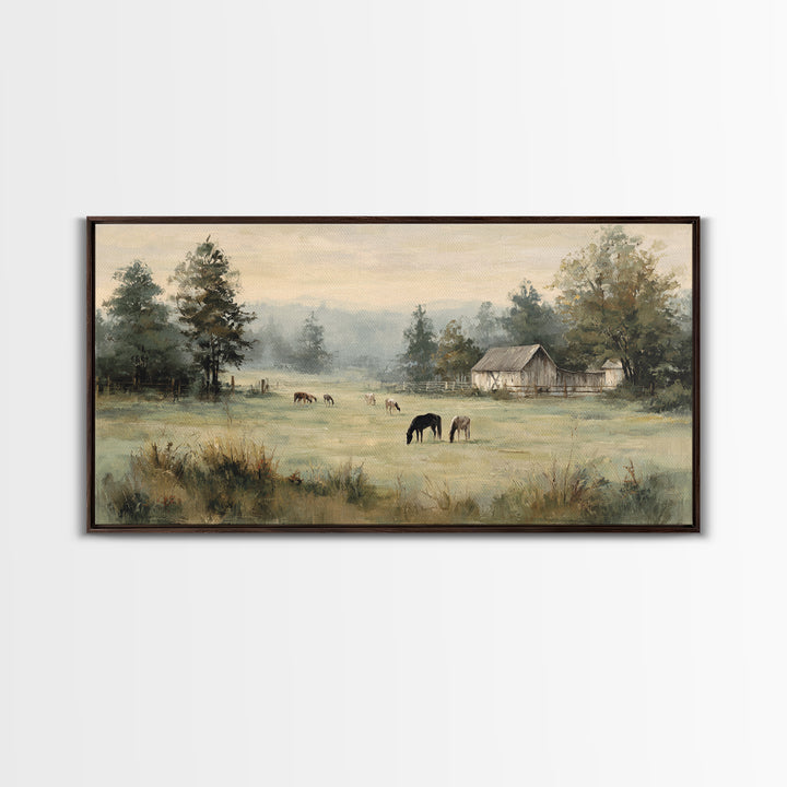 Rolling Pasture with Grazing Horses at Sunrise Framed Canvas Print, Country Art, Art Print, Farmhouse Decor, Fine Art, Country, COU-2x1-45