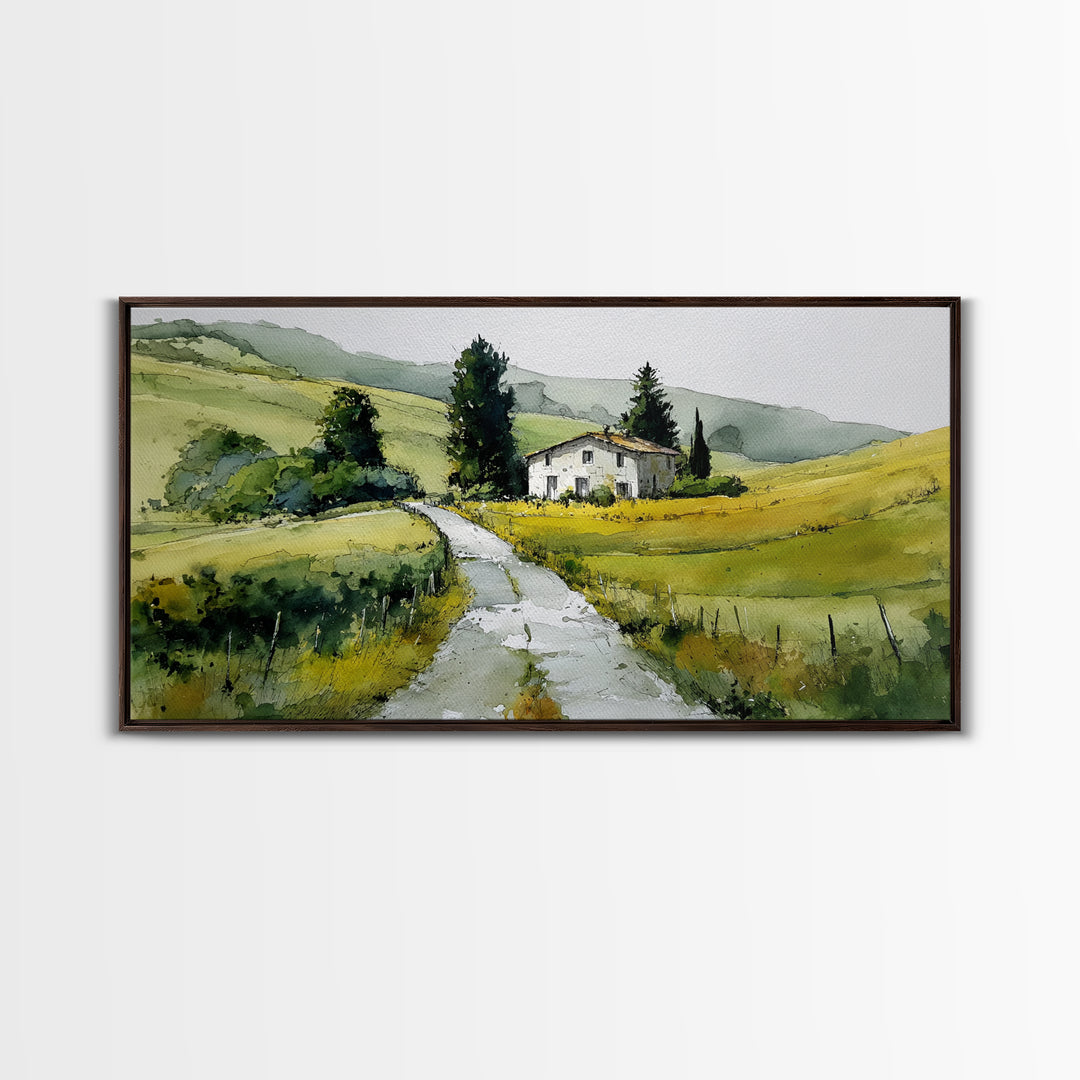 Country Road Disappearing into Green Hills Framed Canvas Print, Country Art, Farmhouse Decor, Watercolor Art, Country, COU-2x1-51