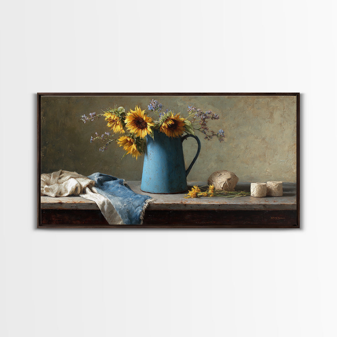 Sunflowers in a Blue Enamel Pitcher Canvas Print, Country Art, Digital Prints, Farmhouse Decor, Watercolor Art, Country, COU-2x1-52