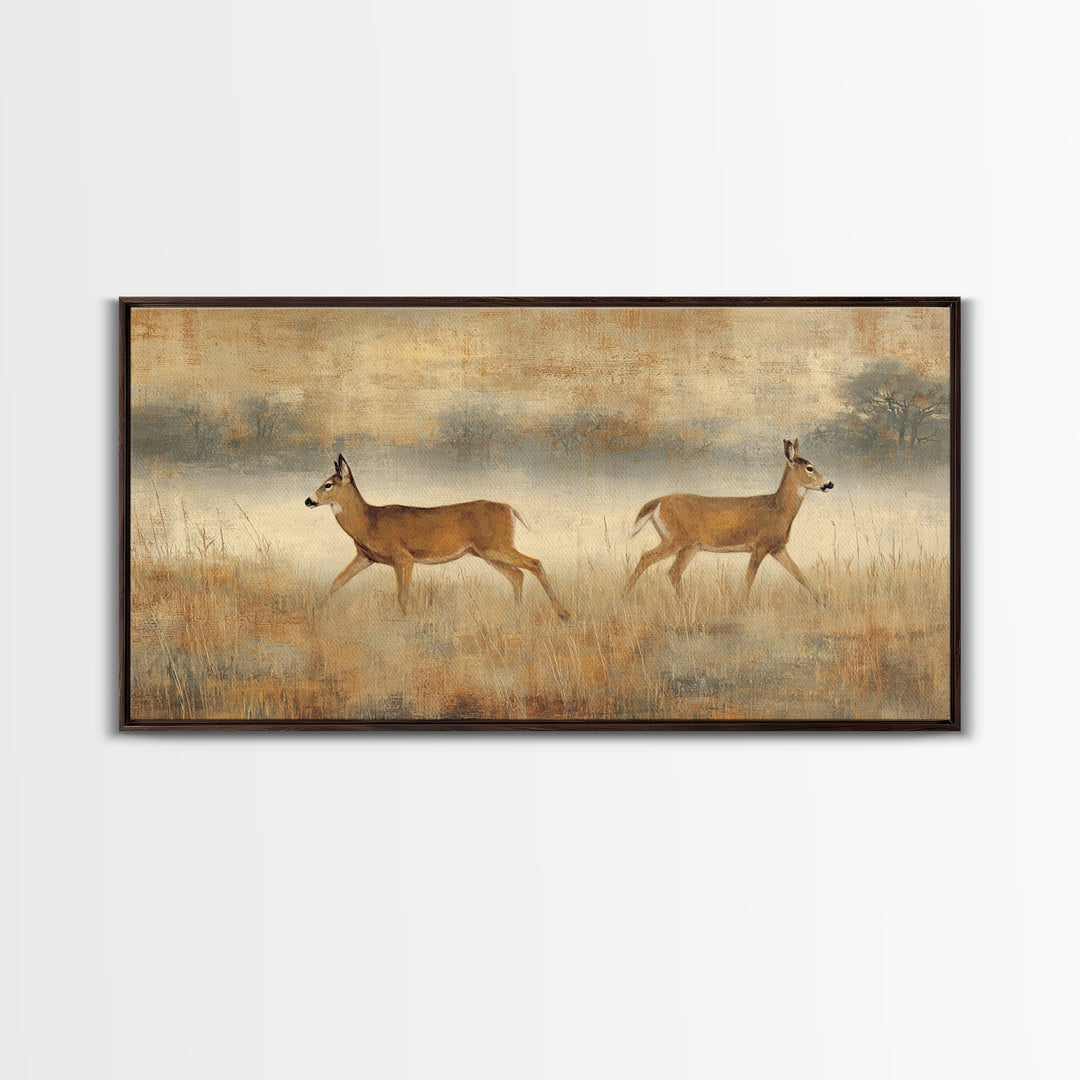 Deer Crossing a Misty Morning Field Framed Canvas Print, Country Art, Printable Art, Farmhouse Decor, Fine Art, Country, COU-2x1-55