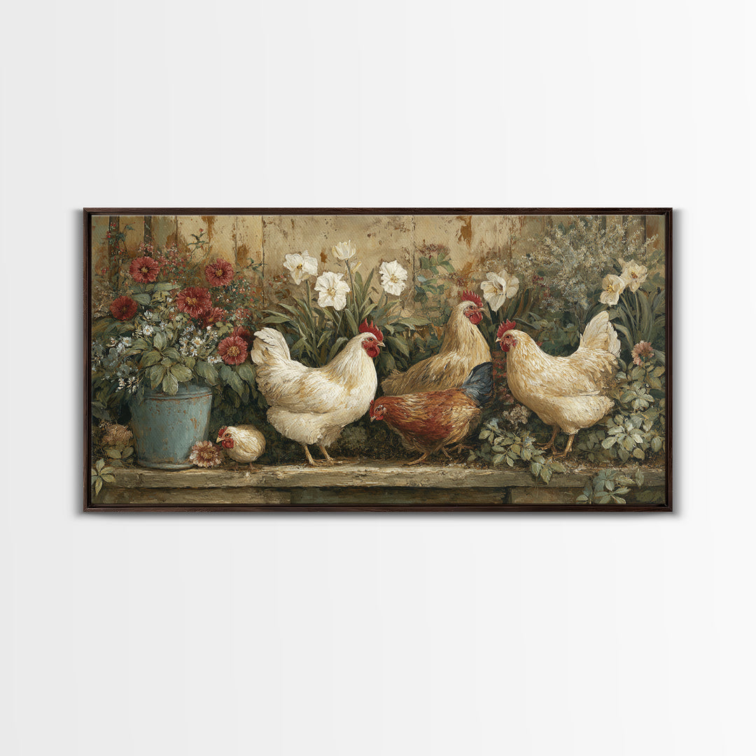 Chickens Pecking Near Garden Flowers Canvas Print, Country Art, Wall Art, Farmhouse Decor, Watercolor Art, Country, COU-2x1-58