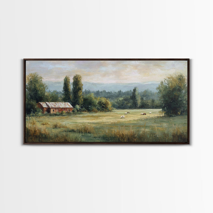 Rolling Pasture with Grazing Horses at Sunrise Canvas Print, Country Art, Large Wall Art, Farmhouse Decor, Fine Art, Country, COU-2x1-69